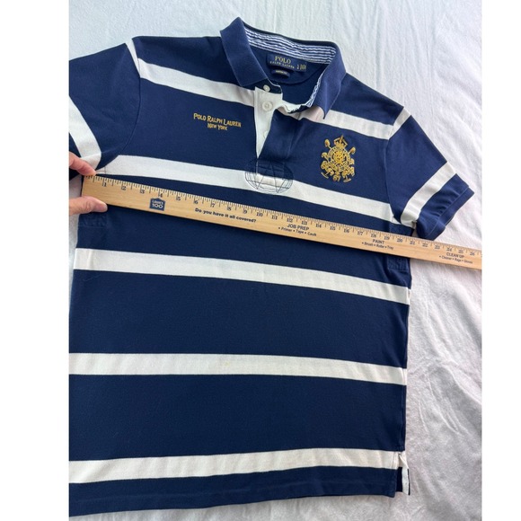 Polo Ralph Lauren Mens Custom Fit Striped Rugby Polo Shirt Navy White Sz LG Logo - Picture 7 of 16